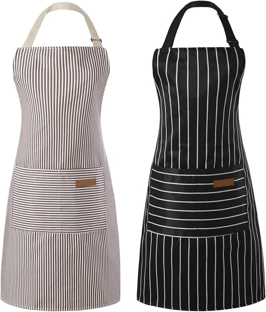 Tosewever 2 Pieces Kitchen Cooking Aprons, Cotton Polyester Blend Adjustable Bib Aprons with 2 Pockets for Women Men Chef Chef (Black/Brown Stripes, 2) by Tosewever