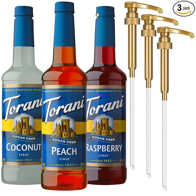 Torani Sugar Free Syrup Variety 3-Pack, Peach, Coconut, and Raspberry Syrup for Drinks, Zero Calories, Pumps Included, 25.4 Fl Oz Ea