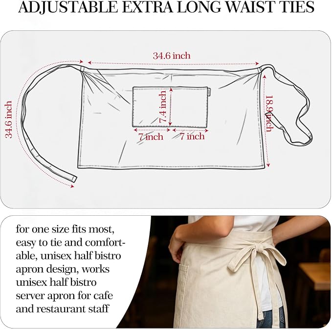 Cityelf Half Apron for Women Men Cotton Linen with 2 Large Pockets Waist Short Bistro Server Aprons Waiter Waitress Unisex - Image 4