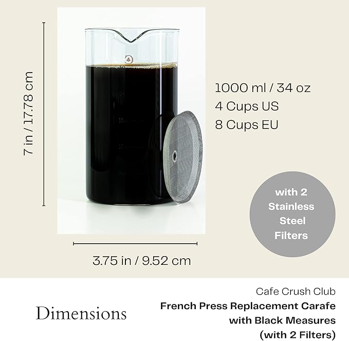 French Press Replacement Glass with Steel Filters by Cafe Crush Club - Fire Hardened Borosilicate Beaker - 34 Ounce | 1 Liter Size with Black Measures