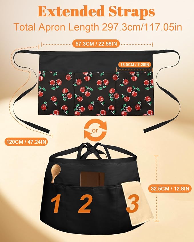 Slohif Reversible Server Apron 6 Pockets - Waist Apron for Waitress Women Half Serving Short Apron for Waiter - Image 2