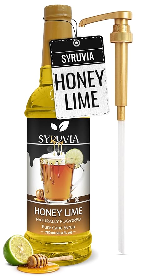 Syruvia Honey Lime Flavored Syrup for Drinks, Cocktails, Mocktails, Iced Teas and Desserts – 25.4 fl oz, With Pump