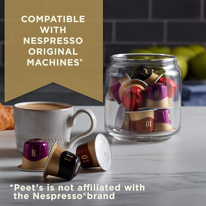 Peet's Coffee, Dark and Medium Roast Espresso Capsules Variety Pack with Decaf, Compatible with Nespresso Original Machine - Intensity 8-11, 50 Count (5 Boxes of 10 Espresso Capsules) (Pack of 2)