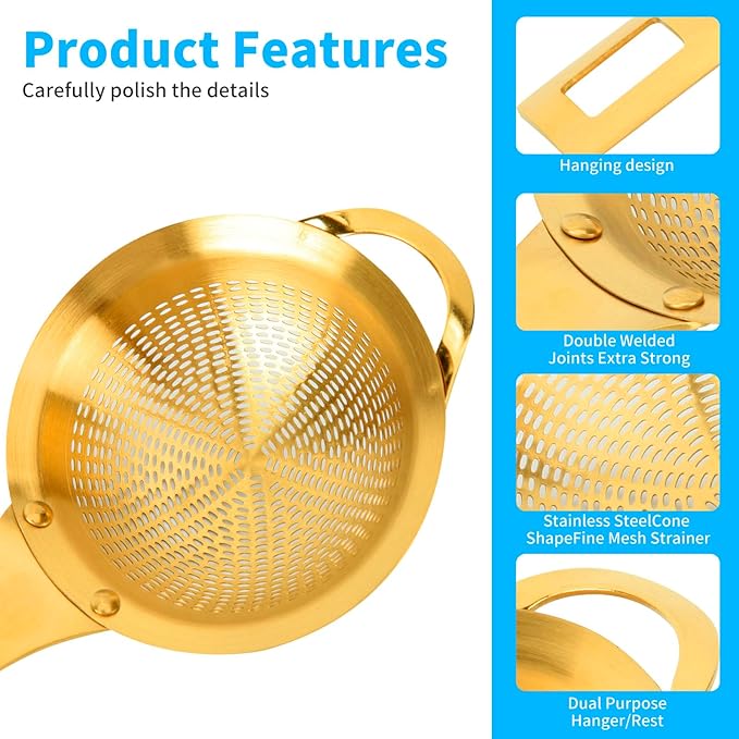 Snailhouse Small Fine Mesh Strainer, 3.15 Inches Stainless Steel Mini Metal Tea Matcha Juice Strainer Sifter Sieve with Handle for Kitchen, Gold