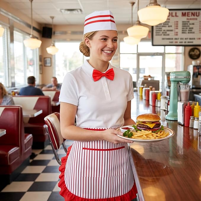 3pcs Soda Jerk Costume, 1950s Waiter Costume Kit, Red And White Striped Apron with Pocket, Adjustable Red Bow Ties, Chef Hat for Retro Party, Diner Role Play - Image 3