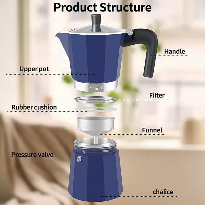 Mongdio Stovetop Espresso Maker Moka Pot, Stove Top Cuban Coffee Maker, Italian Greca Mocha Pot, 12 Espresso Cups, 20 oz - Blue