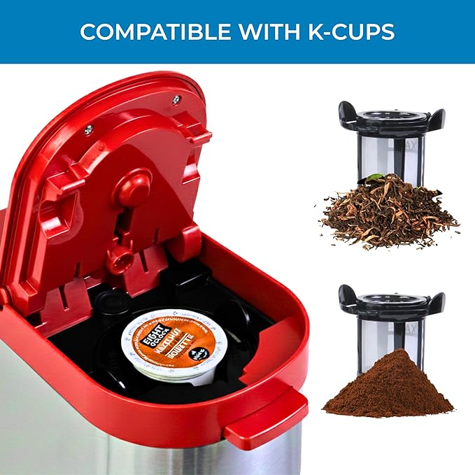 Kenmore Single Serve Coffee Maker – Compatible with Keurig K‑Cup Pods & Ground Coffee, One Cup Brewer, 6–14 Oz Brew Sizes, Travel Mug Friendly, Auto Shut‑Off, Hot & Iced Maquina de cafe, Red