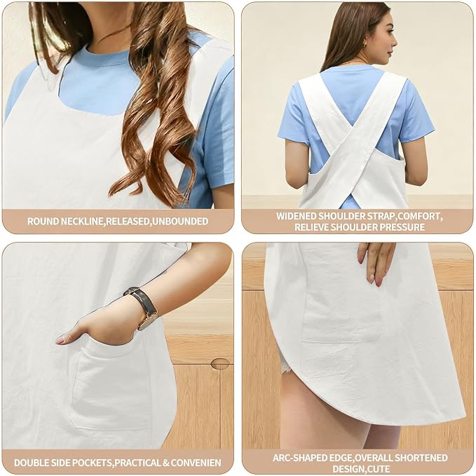 Shortened Design Apron, Japanese Style Soft Cotton Linen Apron with Two Side Pockets, X Cross Halter Aprons, Kitchen Cooking Clothes Gift for Women DIY Project, Crafting, Cooking, Baking(White) - Image 7