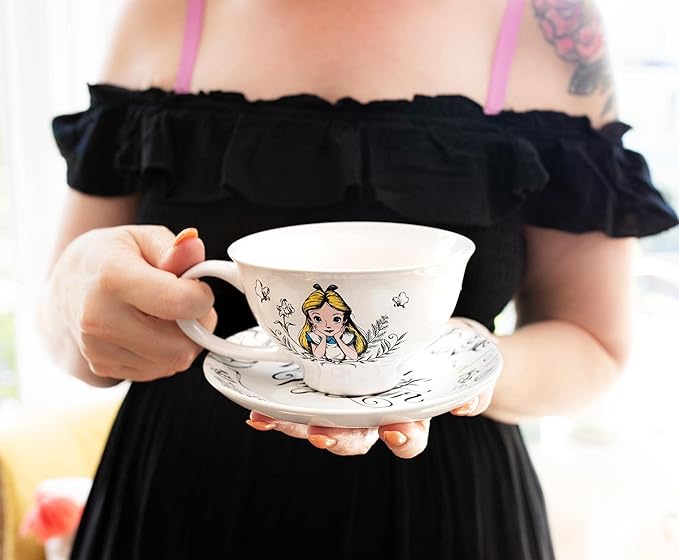 Disney Alice In Wonderland World of My Own 12-ounce Ceramic Teacup and Saucer Set | Tea Party Gift Set For Coffee, Espresso, Mocha, Latte | Cute Gifts and Collectibles