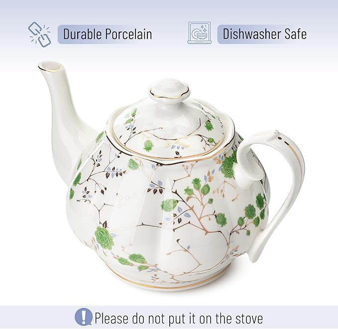 BTaT- Floral Tea Pot, 38 oz, White with Green Roses & Gold Trim, Porcelain Teapot Ceramic, Dishwasher Safe