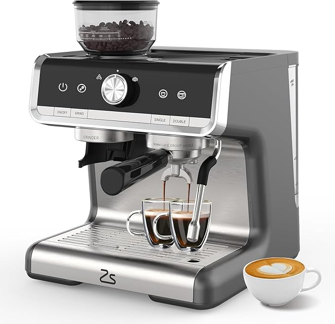 Espresso Machine With Grinder, 20 Bar Professional Coffee Maker With Milk Frother Steam Wand for Cappuccino, Latte, Macchiato, 95 oz Removable Water Tank, Smart PID Temperature Control,Gray