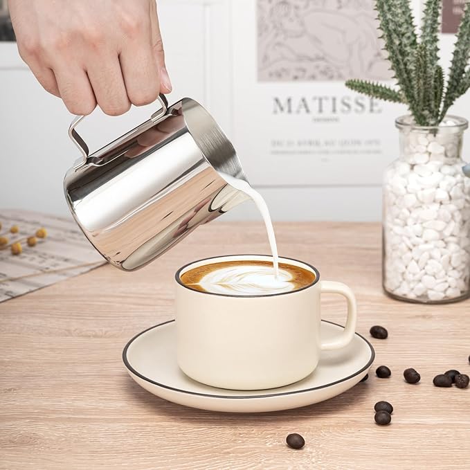 Milk Frothing Pitcher, 20oz Milk Frother Cup with Clear Scale, 304 Stainless Steel Cappuccino Espresso Machine Accessories for Barista Coffee Bar with Latte Art Pen, Silver