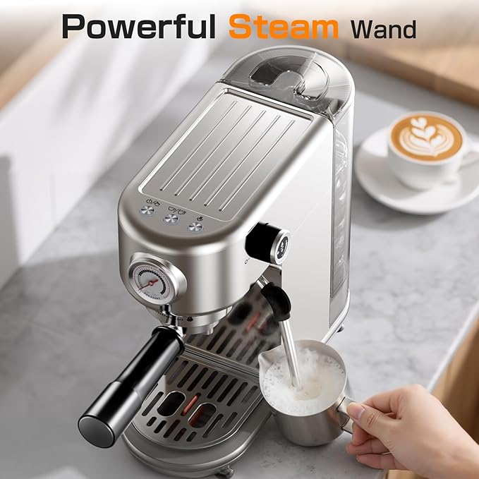 Espresso Machine, 20 Bar Compact Espresso Coffee Machine with Milk Frother, Stainless Steel Coffee Maker with 44oz Removable Water Tank & Fast Heat System for Cappuccino, Latte