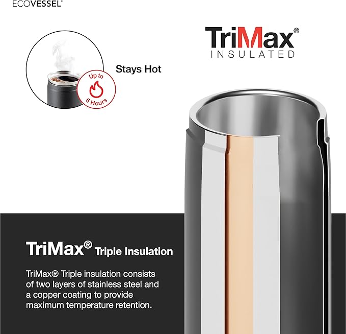 EcoVessel Travel French Press, Portable Coffee Maker, Stainless Steel Insulated Coffee Press, Reusable Single Serve Bottle for On-The-Go Use, 14oz (Black)
