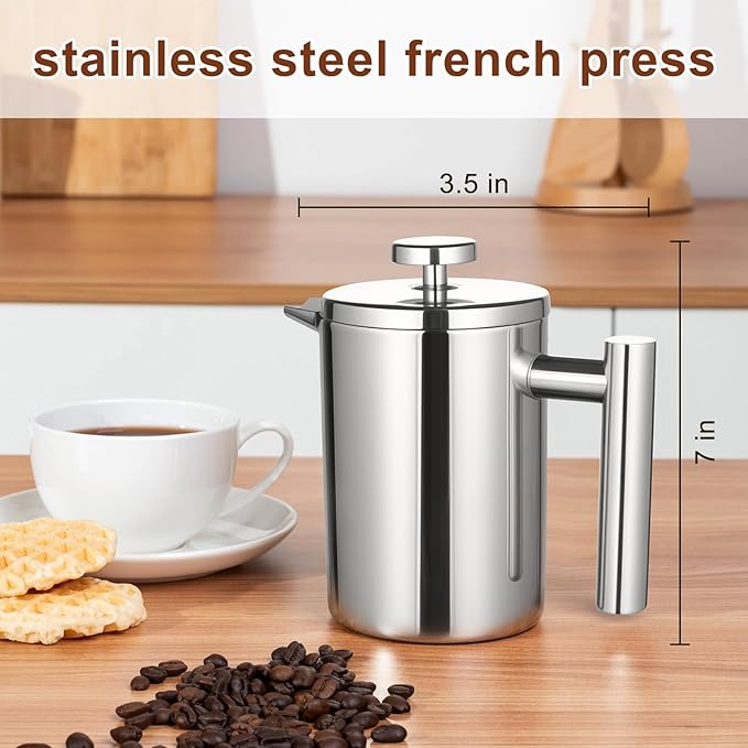 French Press Coffee Maker with Scale, 304 Stainless Steel French Press, 17OZ, Double-Wall Insulated, Food Grade, Suitable for Kitchen and Travel Camping