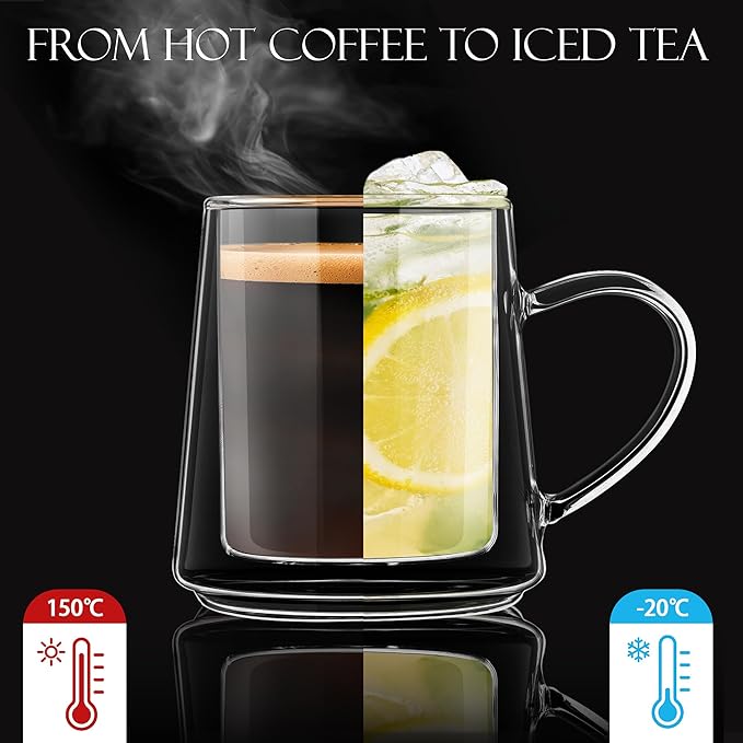 Joeyan 10.8oz Glass Coffee Mugs, Double Walled Insulated Coffee Mug Set of 2, Clear Glass Latte Cappuccino Tea Espresso Cups with Handle for Home Office, Beer, Iced Coffee, Hot Chocolate& Gift
