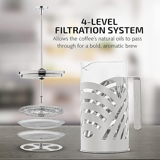 OVENTE French Press Coffee Maker 34 Ounce with Heat Resistant Borosilicate Glass, Stainless Steel Design and 4-Level Filter System, Portable Cold Brewer Pot for Travel, Camping or Gift, Silver FSD34P