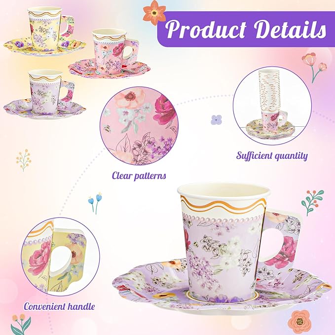 24 Sets Floral Paper Tea Cups and Saucers 8.5 oz Vintage Floral Afternoon Disposable Cups with Handles and Plates Tea Party Decorations for Wedding Garden Mother's Day Hot Cold Drink Birthday