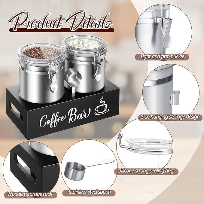 Maxcheck 2 Pcs 66 oz Coffee Sugar Canisters with Shelf & Scoop, Easter Gifts Airtight Stainless Steel Container with Lids, Home Kitchen Food Storage Jars for Grounds, Beans, Tea, Cereal(Silver)