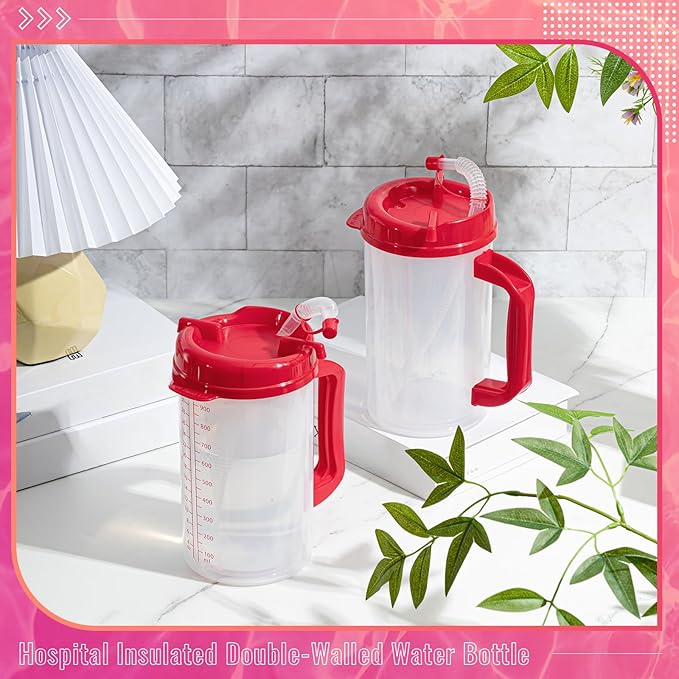 32 oz Hospital Water Cup with Straw and Lid Insulated Double Walled Water Cup with Handle and Straw Elderly Bottle Plastic Drinking Hospital Carafe Insulated Mug(Red,4)