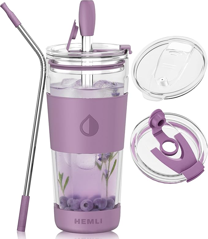 19 oz Clear Double Wall Borosilicate Glass Coffee Tumbler, to Go Travel Mug with Lid, Portable with Straw, Reusable Cup for Tea, Smoothies, Iced Coffee, and Boba
