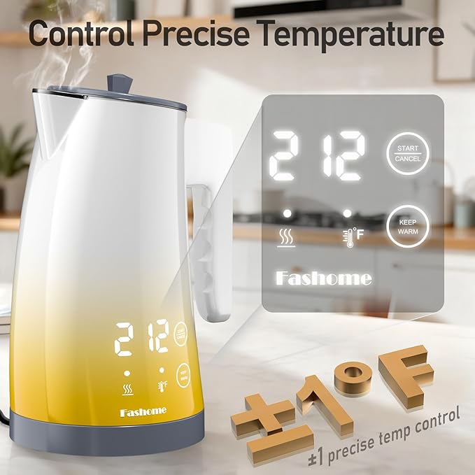 Electric Kettle with Temperature Control, 5 Preset Temps & 2H Keep Warm, 1200W Quiet Water Boiler, BPA-Free Double Wall Cool Touch, Digital Display, 360° Base – Yellow Gradient