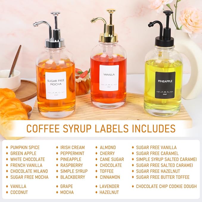 Coffee Syrup Dispenser 16.9 Oz 2 Pack, 500ml Glass Bottle with Black Plastic Pump for Coffee Bar, Includes 36 Stickers & Marker - Reusable Syrup Bottles - Image 4