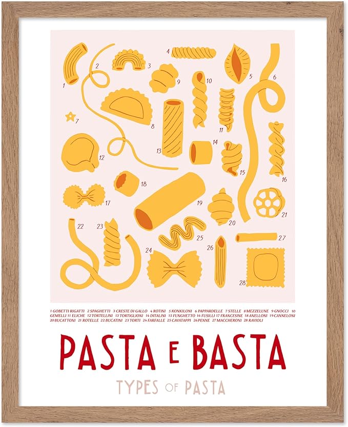 Poster Master Vintage Illustration Poster - Retro Food Print - Types of Pasta, Yellow, Spaghetti, Rotini, Penne - Gift for Artist, Chef - Wall Decor for Kitchen, Restaurant, 8x10 Beige Framed