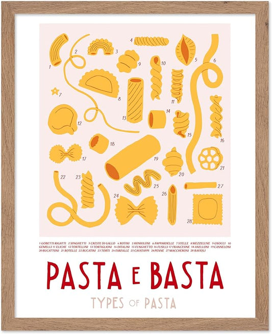 Poster Master Vintage Illustration Poster - Retro Food Print - Types of Pasta, Yellow, Spaghetti, Rotini, Penne - Gift for Artist, Chef - Wall Decor for Kitchen, Restaurant, 8x10 Beige Framed