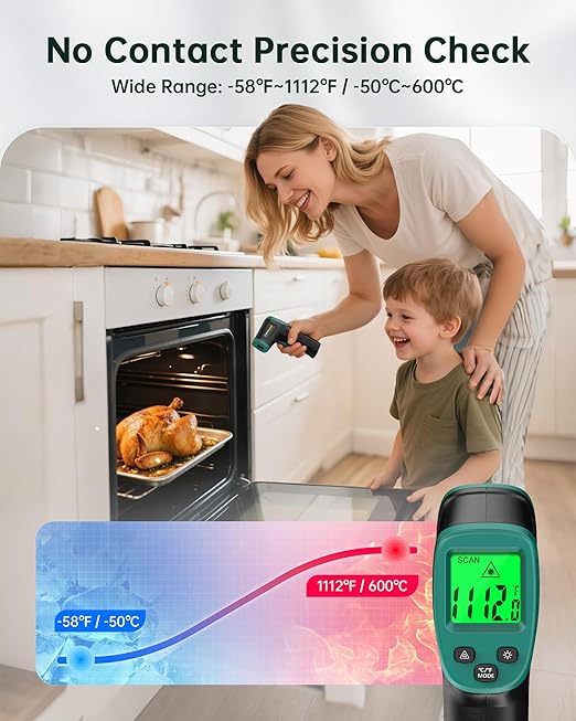 ERICKHILL ROOKCORE Infrared Thermometer -50℃~600℃ Adjustable Emissivity Non-Contact Laser Thermometer Gun LCD Backlit Display -Compact Size for Vehicle Repair/Cooking/BBQ/Freezer/Food, Dark Green
