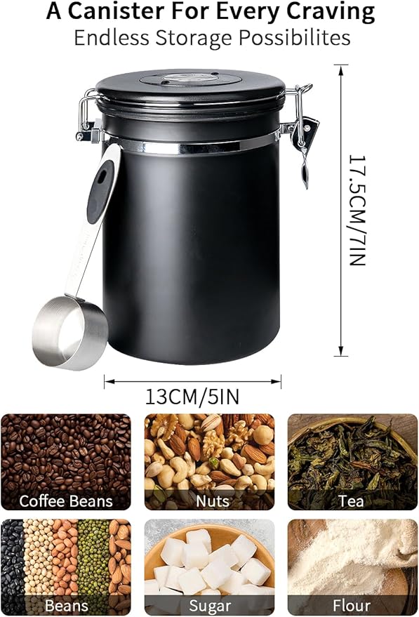 INFTYLE Coffee Canister with Airtight Lid, 22oz, 60 fl oz White, Stainless Steel Air Tight Lid Container with Date Tracker and Scoop Food Storage Jar for Grounds Coffee, Beans, Flour, Cereal (Black)