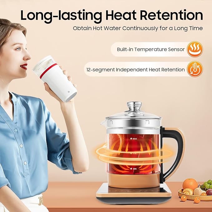 Tea Electric Kettle, Electric Tea Kettle, 1.8L Electric Glass Kettle, 800W Portable Electric Health Pot with Infuse with Temperature Control & 18 Smart Programs,24H Keep Warm & Boil-Dry Protection