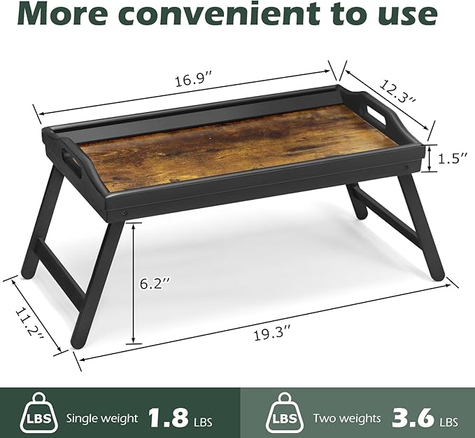 Tray Table for Bed, Bamboo Breakfast Serving Tray with Folding Legs and Handles, Laptop and Snack Bed Table with Cross Bar & Media Slot, Dark Brown with Black Legs, for Bedroom, Sofa, Kitchen
