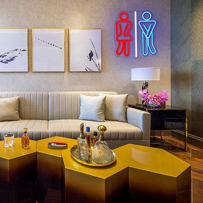 Restroom Neon Signs for Wall Decor Toilets Neon Light Dimmable Neon Bathroom Sign USB Power Red Blue Neon Light Up Sign for Bathroom Washroom Bedroom Bar Office