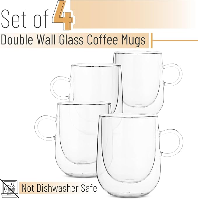 BTaT- Double Walled Glass Coffee Mugs, 12 oz, Set of 4, Glass Coffee Cups with Handle, Insulated Clear Coffee Mug for Hot and Cold Beverages, Cappuccino, Latte, Tea, Americano, Microwave Safe