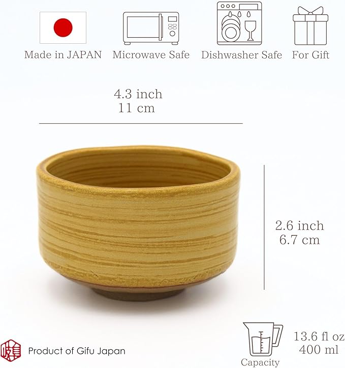 Product of Gifu Japan Ceramic Matcha Bowl, Handmade Chawan Japanese Green Tea Cup, Matcha Mixing Bowl, 400ml 13.6 oz, Brush Stroke Pattern, Yellow, Japanese Gifts