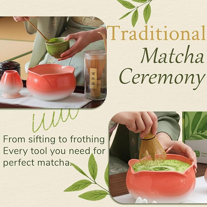 8 Pcs Matcha Whisk Set Chasen Matcha Whisk Bamboo Bowl with Spout Sifter Spoon Scoop Whisk Holder Bamboo Mat Complete Matcha Making Kit (Red Petal)