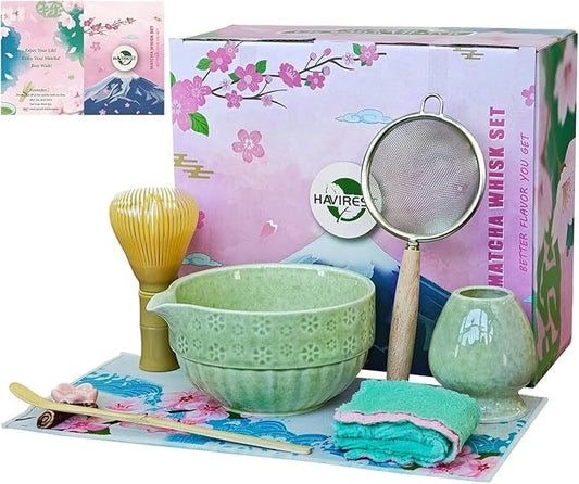 HAVIREST 8 pcs Matcha Whisk Set, Ceramic Bowl and Whisk Stand Spoon Holder Sifter Mat Towel, Japanese Ceremonial Grade Macha Tea Tools Kit, Gift for Women Match Starter Lover (Green)
