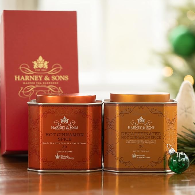 Harney & Sons Spicy Day & Night Tea Gift, Hot Cinnamon and Decaf Hot Cinnamon, Red Gift Box