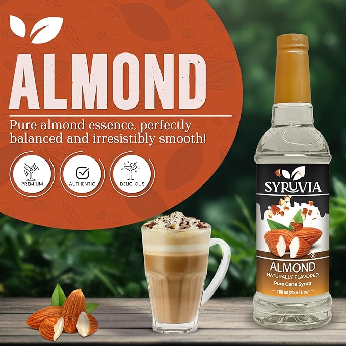 Syruvia Almond Syrup, Natural Flavors, Syrup for Drinks, Lattes, and Desserts – 25.4 fl oz