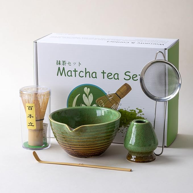 Traditional Matcha Tea Ceremony Set with Ceramic Bowl, Bamboo Whisk, Stand and Strainer, 5-Piece (green)