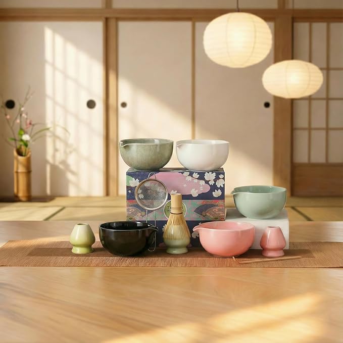Matcha Whisk Set 5 Pcs, Matcha Kit Set Includes Matcha Bowl, Matcha Whisk and Holder, Bamboo Scoop and Sifter, Ceramic Matcha Set, Matcha Tea Set, Ideal Gift for Family/Friend (Pink)