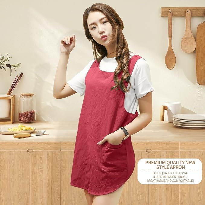 Shortened Design Apron, Japanese Style Soft Cotton Linen Apron with Two Side Pockets, X Cross Halter Aprons, Kitchen Cooking Clothes Gi/ft for Women DIY Project, Crafting, Cooking, Baking(Wine Red) - Image 3