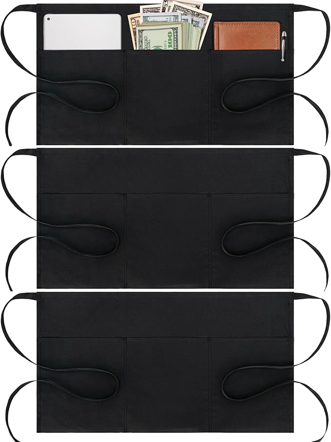 BOHARERS Cotton Server Aprons 3 Pack Waiter Waitress Apron Short Apron with Pockets Restaurant BBQ 12 Inch Black