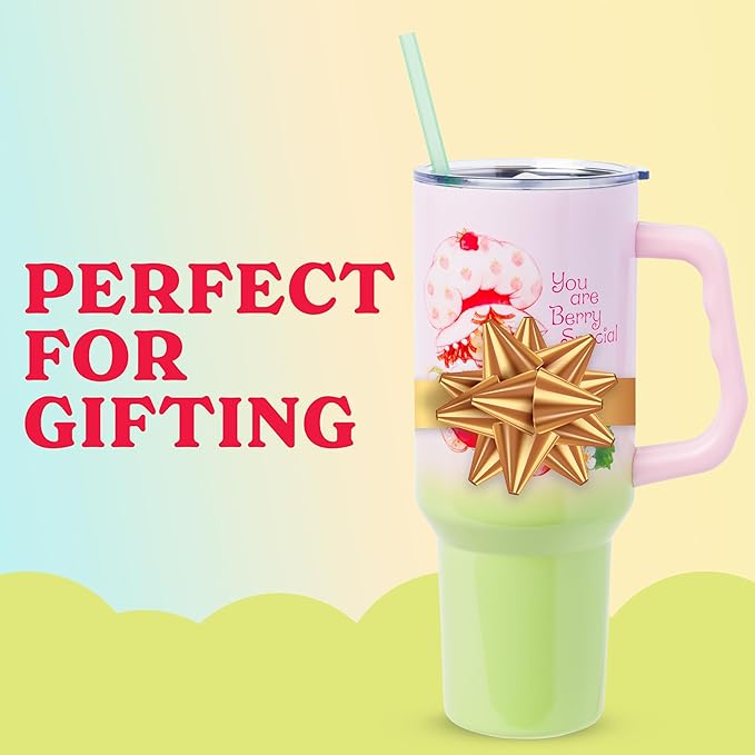 Silver Buffalo Strawberry Shortcake You Are Berry Special Vintage Pink and Green Ombre Double Walled Stainless Steel Tumbler with Handle and Straw, Fits in Standard Cup Holder, 40 Ounces