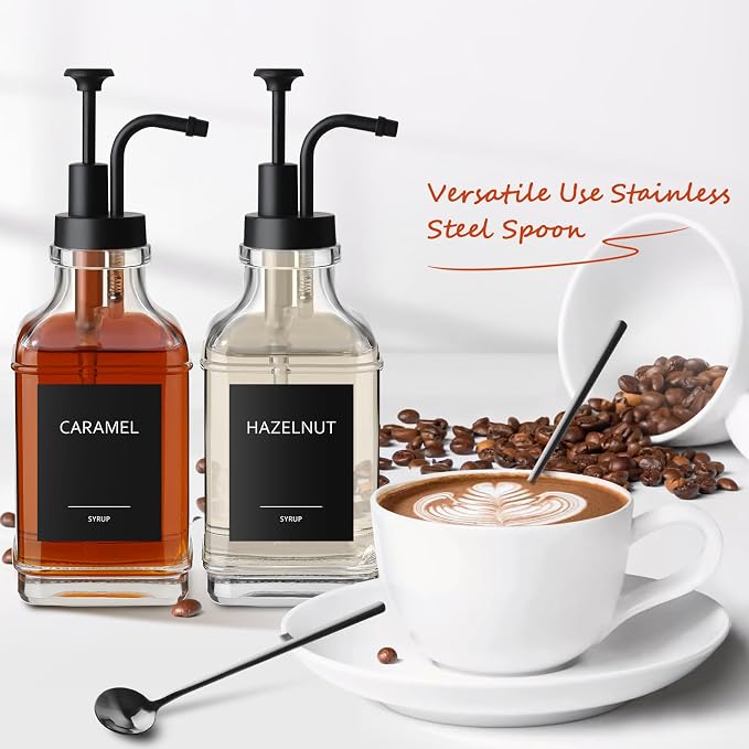 Coffee Syrup Dispenser, Coffee Bar Accessories 16.9 fl oz/500ml, Glass Syrup Dispenser with Pump Dispenser, Labels, Spoons for Coffee Bar, 4 Pack - Image 4
