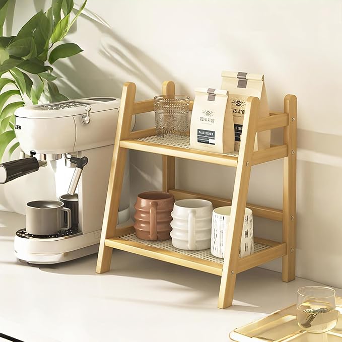 Narrow Mug Holder Countertop, Tea and Coffee Bar Station Organizer, Bamboo Matcha Stand, Cup Display Shelf, Condiment Storage Rack for Kitchen Counter Cabinet, 2 Tier by decorativestoragesolutions