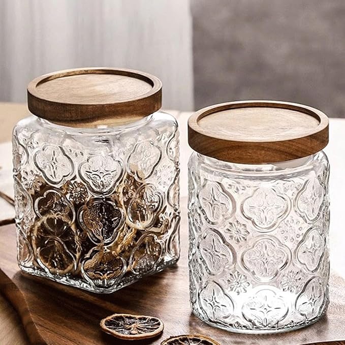 Glass Jar with Lid, Vintage Glass Storage Jars with Airtight Lid Coffee Canister Sugar Container for Kitchen Counter Pantry, Flour, Candy, Tea, Coffee Beans, Oats (Begonia Round*2)