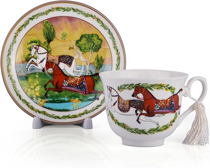 STP GOODS Bone China Tea/Coffee Cup and Saucer in Gift Box Fine Bone China Tea Cup and Saucer Set of One (Running Horse)
