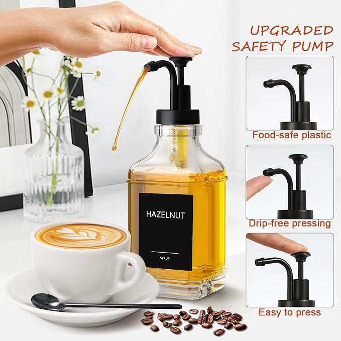 Coffee Syrup Dispenser, Coffee Bar Accessories 16.9 fl oz/500ml, Glass Syrup Dispenser with Pump Dispenser, Labels, Spoons for Coffee Bar, 4 Pack - Image 3